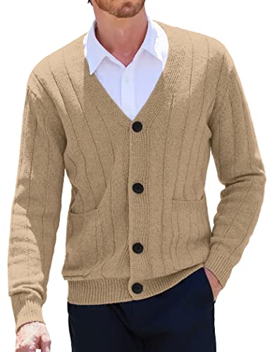 COOFANDY Men's Lightweight Cardigan Sweater Soft Cable Knit Buttons Sweater Dress Cardigan with Ribbing Edge Khaki