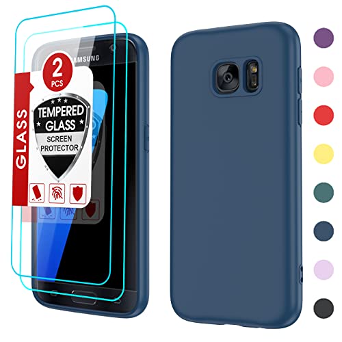 LeYi for Galaxy S7 Case: Samsung S7 Phone Case with 2 Pack Tempered Glass Screen Protector for Women Men, Liquid Silicone Slim Gel Rubber Protective Case Cover for Samsung Galaxy S7, Blue