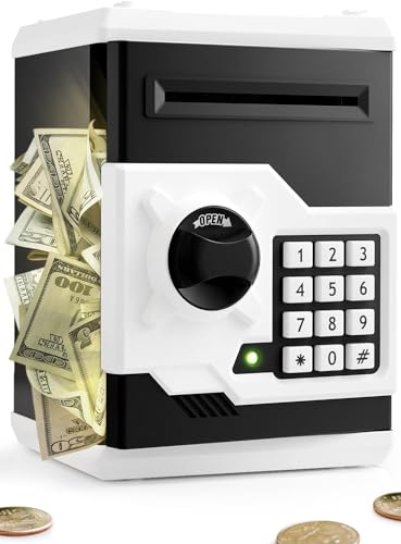 Playsheek Piggy Bank for Girls Boys Large Electronic Money Coin Banks with Password Protection, Automatic Paper Money Scroll Saving Box, Great Gift for Kids(Black-White)