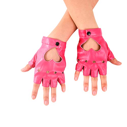 JISEN Women Heart Cutout Punk Half Finger PU Leather Performance Gloves RoseRed