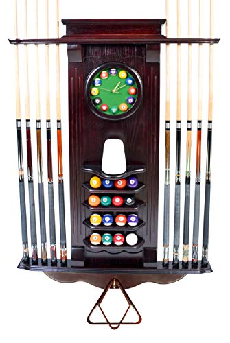 ISZY Billiards - Cue Rack Only 10 Pool Cue - Billiard Stick Wall Rack W/Clock Choose Mahogany, Dark Oak or Black Finish (Mahogany)