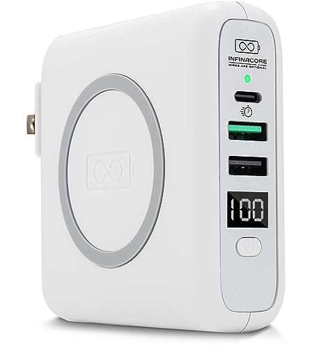 InfinaCore Pandora Portable Power (P3) Global Wireless Charger USB-C Wall Charger 8000mAh Power Bank, USB-C PowerDelivery Battery Pack, Fast Charge Phone Laptop Charger Travel with LED Display (White)