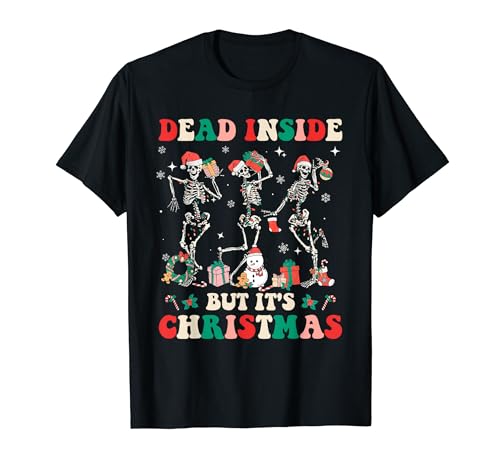 Dead Inside But It's Christmas Retro Groovy Hippie Skeleton T-Shirt