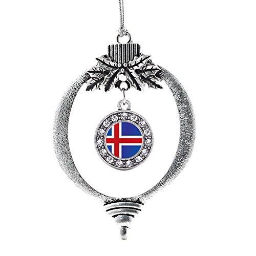 Inspired Silver - Iceland Flag Charm Ornament - Silver Circle Charm Holiday Ornaments with Cubic Zirconia Jewelry