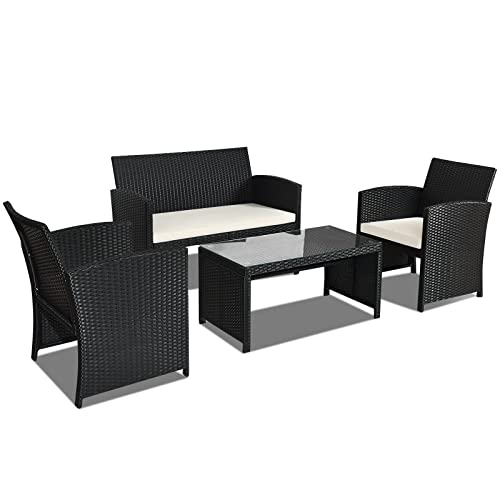 Goplus 4-Piece Rattan Patio Furniture Set, Outdoor Wicker Conversation Sofa with Weather Resistant Cushions and Tempered Glass Tabletop for Lawn Backyard Pool Garden (White(Black Wicker))