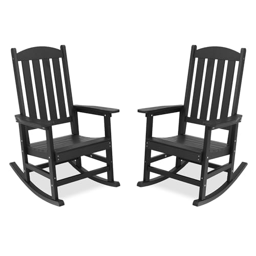 LUE BONA Outdoor Rocking Chairs Set of 2, HDPS Poly Rocking Chair, All Weather Resistant Plastic Outdoor Indoor Porch Rocker, Heavy Duty Rocking Chair for Patio, Lawn, Garden, 330LBS, Black
