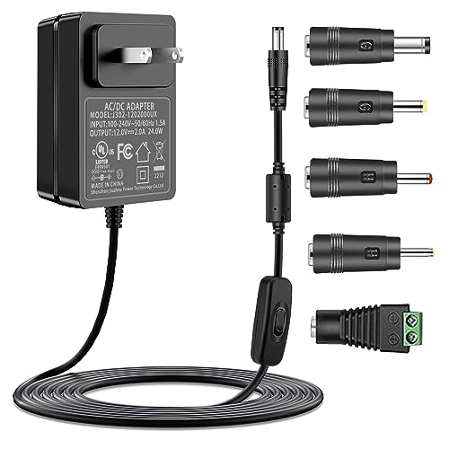 Gonine 12V 2A DC Power Supply Charger Cord, 100V - 240V AC to DC 12 Volt Power Adapter for 12Vdc 2000mA 1500mA 1000mA 500mA Transformer with 5 Tips.