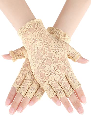Skylety Sunblock Fingerless Bridal Lace Gloves Women Short Floral Gloves for Wedding Opera Tea Party(Nude Color)