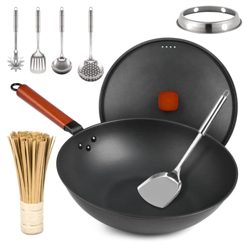 Wok Pan with Lid - 13' Nonstick Wok, Carbon Steel Woks & Stir-Fry Pans Set with 7 Cookwares, No Chemical Coated Flat Bottom Chinese wok, for Electric, Induction and Gas Stoves
