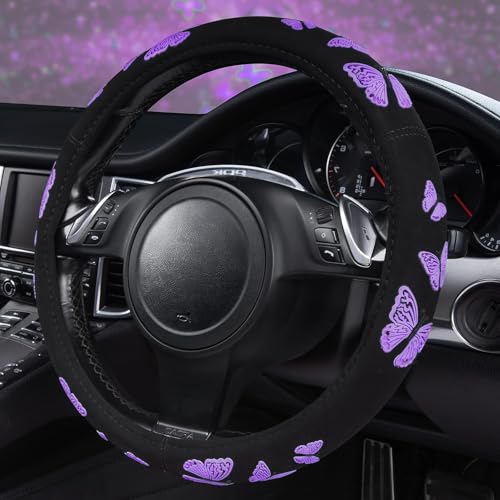 Car Pass Purple Butterfly Steering Wheel Covers, 14.5' to 15.5' Car Wheel Cover Universal Fit for Suvs, Small Trucks, Sedans, Cars for Cute Women Girly (Black and Purple)