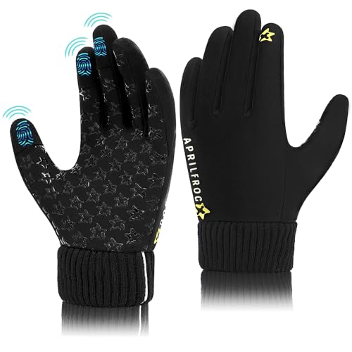 Aprilfrog Winter Kids Warm Sports Gloves: Cold Weather Water-Resistant Touchscreen Fleece Soft Lining Children Outdoor Mittens for Boys Girls Aged 4-12 Black Large