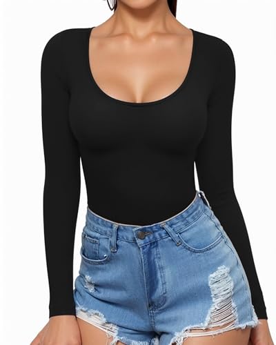 MANGOPOP Womens Scoop Neck Short Sleeve Long Sleeve Slim Fit T Shirt Tunic Tops Tee (A Long Sleeve Black, Small)