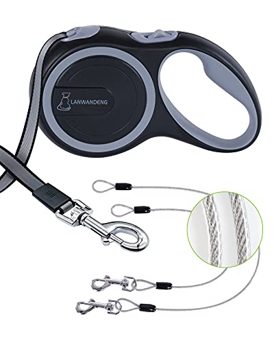 26FT Chew Proof Retractable Dog Leash with 2 Heavy Duty Anti-Chewing Wire Ropes, 360° Tangle-Free Dog Lead with Anti-Slip Handle for Medium/Large Dogs up to 110 lbs Gray