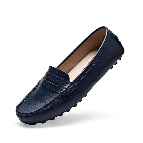 BEAUSEEN Navy Blue Penny Loafers for Women Size 7 Genuine Leather Women's Driving Loafers,7 US