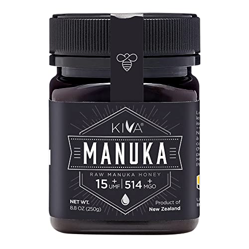 Kiva Raw Manuka Honey, Certified UMF 15+ | MGO 514+ | 100% Pure Genuine New Zealand (8.8oz/250g Bottle) | Non-GMO | No Antibiotics | Traceable | UMF & MGO Certified