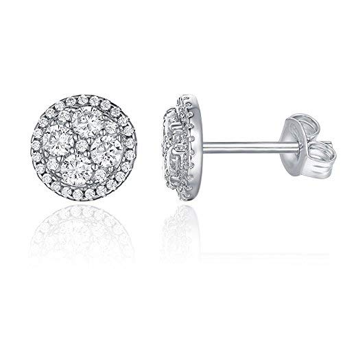 PAVOI 14K White Gold Plated Sterling Silver Post Halo Cluster Cubic Zirconia Stud Earrings for Women | White Gold Earrings
