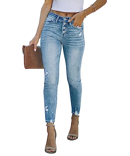 KUNMI Women's Ripped High Waisted Skinny Jeans Button Fly Distressed Stretchy Denim Pants