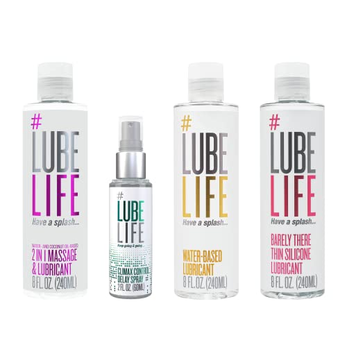 Lube Life Staycation Combination, 2-in-1 Massage & Lubricant 8 Fl Oz, Climax Control Delay Spray 2 Fl Oz, Water-Based Lubricant 8 Fl Oz, Barely There Thin Silicone Lubricant 8 Fl Oz, For Men, Women, a