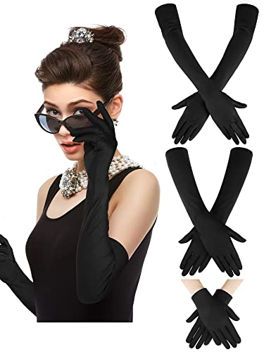 Zhanmai 3 Pairs 20s Satin Gloves Dress Gloves Costume Stretchy Long 1920s Opera Gloves for Women Girls Banquet Bridal Wedding (Black)