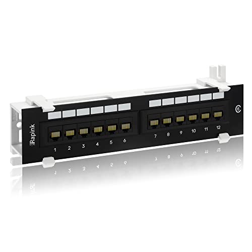 Rapink Patch Panel 12 Port Cat6 10G Support, Network Patch Panel UTP 10-Inch, Wallmount 1U Ethernet Patch Panel Punch Down Block for Cat6, Cat5e, Cat5 Cabling