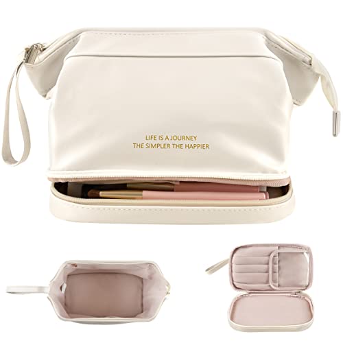 Prite Travel Makeup Bag Double Layer Large Capacity Cosmetic Bags for Women,Portable Leather Roomy Toiletry Bag
