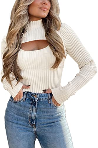 PRETTYGARDEN Women's 2023 Fall Clothes 2 Piece Cutout Tops Long Sleeve Mock Neck Rib Knit Winter Pullover Sweater (Beige White,Medium)