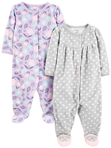 Simple Joys by Carter's Baby Girls' Fleece Footed Sleep and Play, Pack of 2, Grey Hearts/Lavendar Floral, 3-6 Months