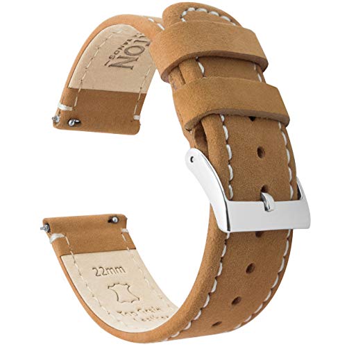 BARTON WATCH BANDS Quick Release Top Grain Leather Watch Band Strap, Gingerbread Leather/Linen White Stitching, 22mm - Long