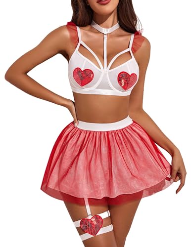 Avidlove Garter Lingerie Set for Women with Underwire 2 Piece Lace Lingerie with TUTU Skirt Push Up Lingerie Red