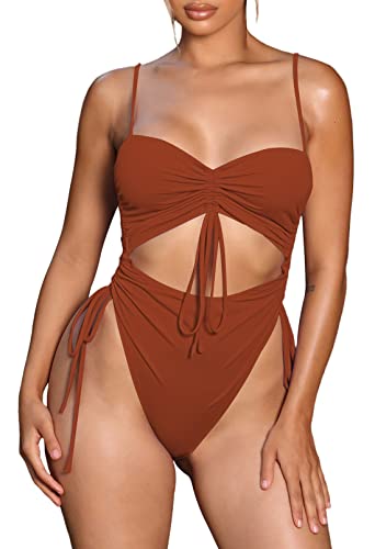 Viottiset Women's Cut Out Drawstring One Piece Swimsuit Cheeky High Cut Bathing Suit Coffee small , Burnt Orange
