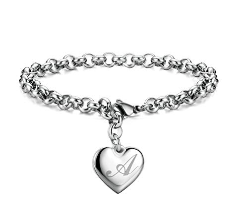Monily Initial Charm Bracelets for Teen Girls Stainless Steel Charm Bracelets for Women Letters A Alphabet Heart Bracelet Jewelry Gifts for Girls