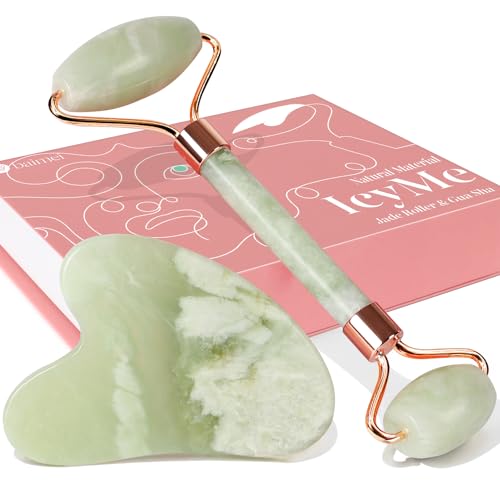 BAIMEI Jade Roller & Gua Sha Set Face Roller and Gua Sha Facial Tools for Skin Care Routine and Puffiness, Self Care Gift for Men Women - Light Green