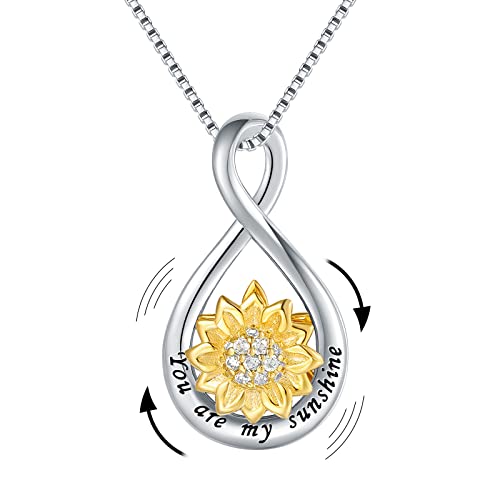 You are My Sunshine Necklace Sunflower Jewelry for Women - 925 Sterling Silver Infinity Spinner Sun Flower CZ Pendant Necklace Birthday Mother's Day Gifts for Girls Mother Daughter Chain 18'+2'