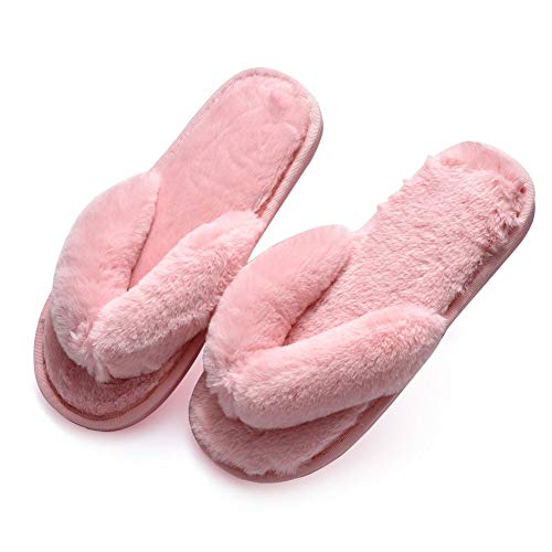 HUMIWA Pink Flip Flop Slippers Fuzzy Fluffy Faux Fur House SPA Cute Open Toe Slippers for Women Girl/Women5.5-6 Men4.5-5