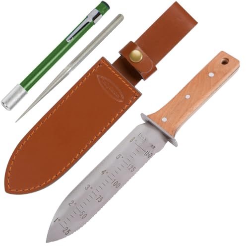 Hori Hori Garden Knife with Diamond Sharpening Rod, Thickest Leather Sheath and Extra Sharp Blade - in Gift Box.