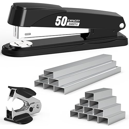 Metal Stapler Heavy Duty 50 Sheet Capacity with 1750 Staples and Staple Remover, Full Strip Staplers for Desk, No Jam, Non-Slip Office Stapler with Staples for Office & Classroom, Black