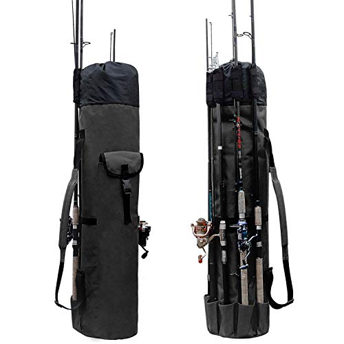 Allnice Durable Canvas Fishing Rod & Reel Organizer Bag Travel Carry Case Bag- Holds 5 Poles & Tackle (Black)