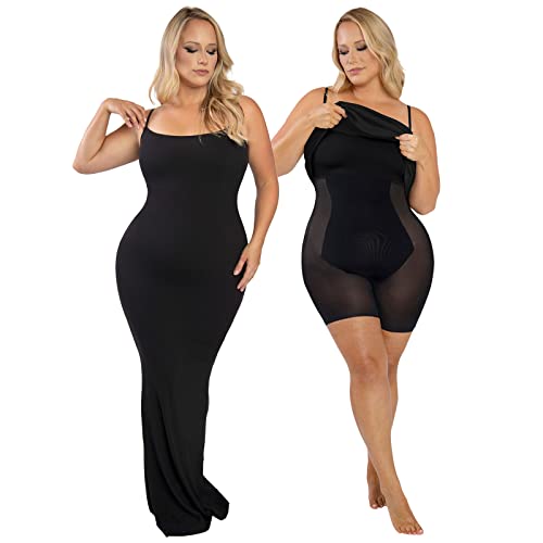 Popilush Maxi Bodycon Shaper Dress Built in Shapewear Bra Black Elegant Fitted Long Slip Spaghetti Strap Casual Dresses Summer Black