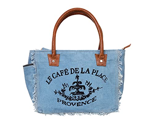 CLA Bags Sel De Mer Upcycled Canvas Hand Bag Upcycled Canvas & Cowhide Tote Bag Radiant Upcycled Canvas & Cowhide Leather Bag (Sky-Blue)