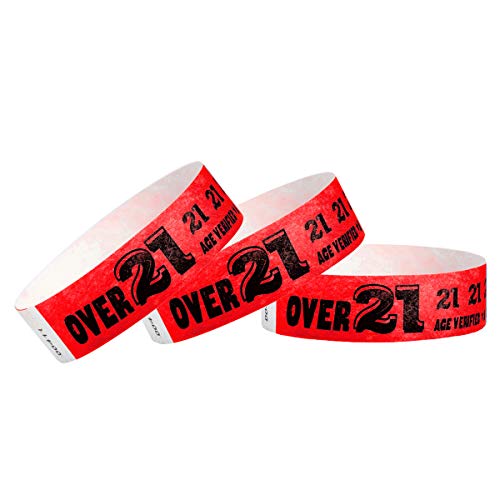 WristCo Over 21 Neon Red Tyvek Wristbands for Events - 500 Count ¾” x 10” - Waterproof Recyclable Comfortable Tear Resistant Paper Bracelets Wrist Bands for Concerts Festivals Admission Party