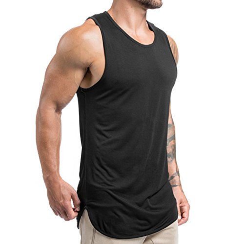 Magiftbox Mens Extended Scoop Workout Stringer Tank Tops Gym Shirts for Men Black/Khaki T05_Black_US-XL