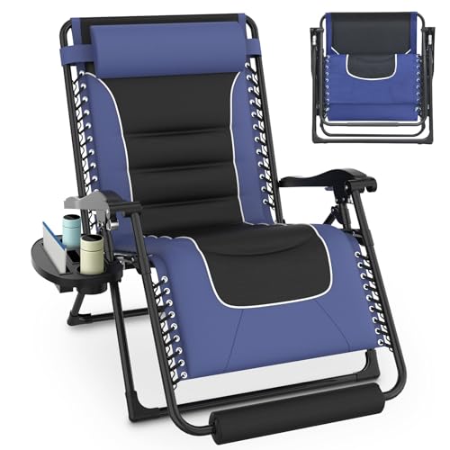 Slendor Zero Gravity Chairs Oversized,XL Zero Gravity Lounge Chair,29in Folding Outdoor Patio Recliner, Anti Gravity Chair for Lawn Backyard Office w/Headrest, Cup Holder, Support 300lbs, Black/Blue
