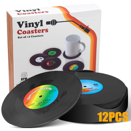 Cupaciino Vinyl Record Drink Coasters with Holder Set of 12, Retro Black Coasters Set for Coffee Wooden Table, Funny Cute White Elephant Gifts Ideas Housewarming Unique Decor for Music Coffee Lovers