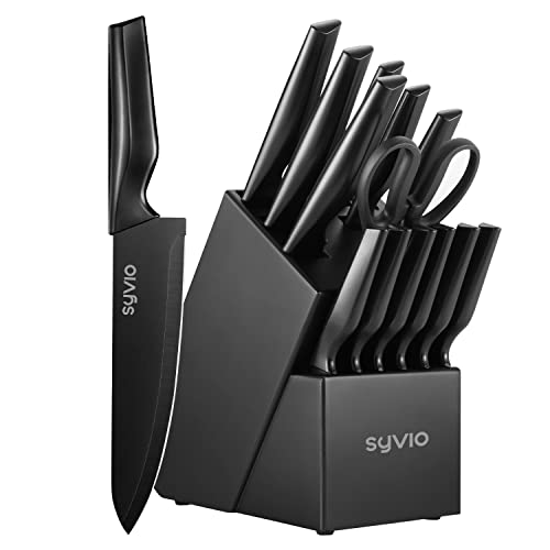 syvio Knife Sets for Kitchen with Block, 14 Piece with Built-in Sharpener for Chopping, Slicing, Dicing&Cutting