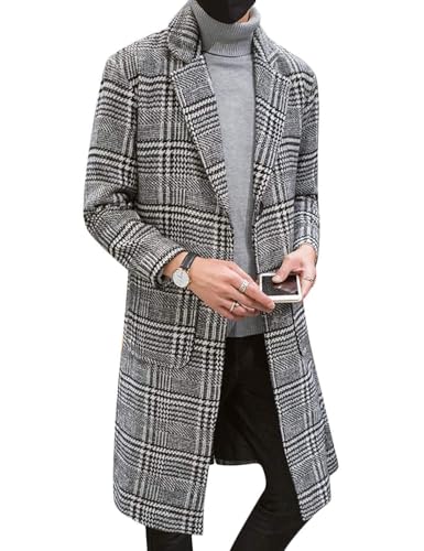UANEO Mens Trench Coat Single Breasted Plaid Mid Long Peacoat Pea Coats (Gray, M)