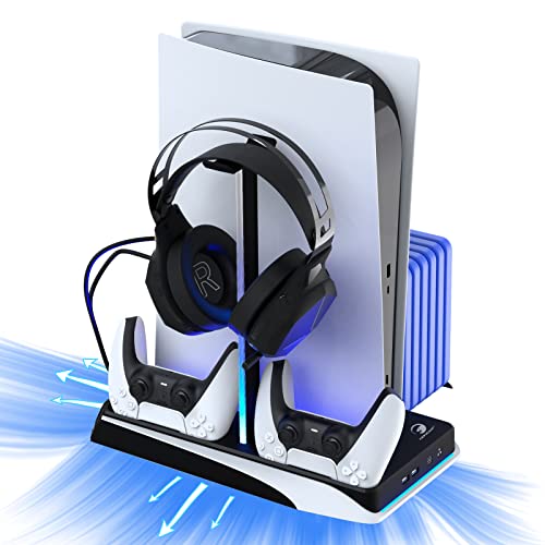 LANCUBE PS5 Stand with Cooling Station, PS5 Dual Controller Charging Station and LED Light for Playstation 5 Console Disc & Digital Edition, Cooling Fan, Headset Holder,12 Game Slots