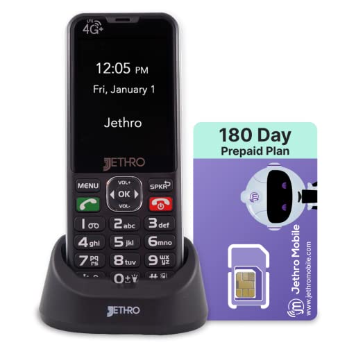 Jethro SC490 4G Unlocked Senior Cell Phone/Plan 6 Months, Unlimited Talk & Text, SIM Card Included, Easy-to-Use for Elders and Kids, Big Screen and Buttons, FCC Certified