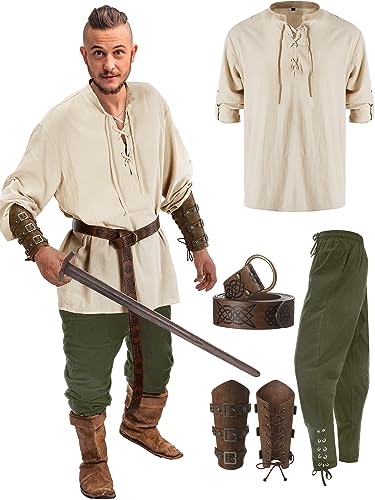 Jiuguva 4 Pcs Halloween Men's Renaissance Costume Set Medieval Pirate Shirt Ankle Banded Pants Viking Belt Accessories (Stylish Color,Small)