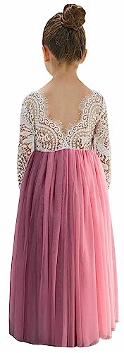 2Bunnies Girl Peony Lace Back A-Line Straight Tutu Tulle Party Flower Girl Dress (Dusty Rose Sleeve Maxi, 7/8)