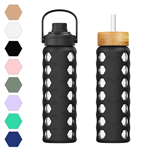 MUKOKO 32oz Glass Water Bottles with 2 Lids-Handle Spout Lid&Bamboo Straw Lid, Motivational Water Tumbler with Time Marker Reminder and Silicone Sleeve, Leakproof-Black-1 Pack